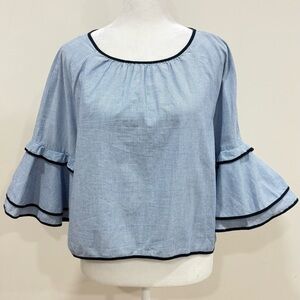 Zara Basic Tiered Ruffle Sleeve Blue White Striped Poplin Blouse Crop Size Large